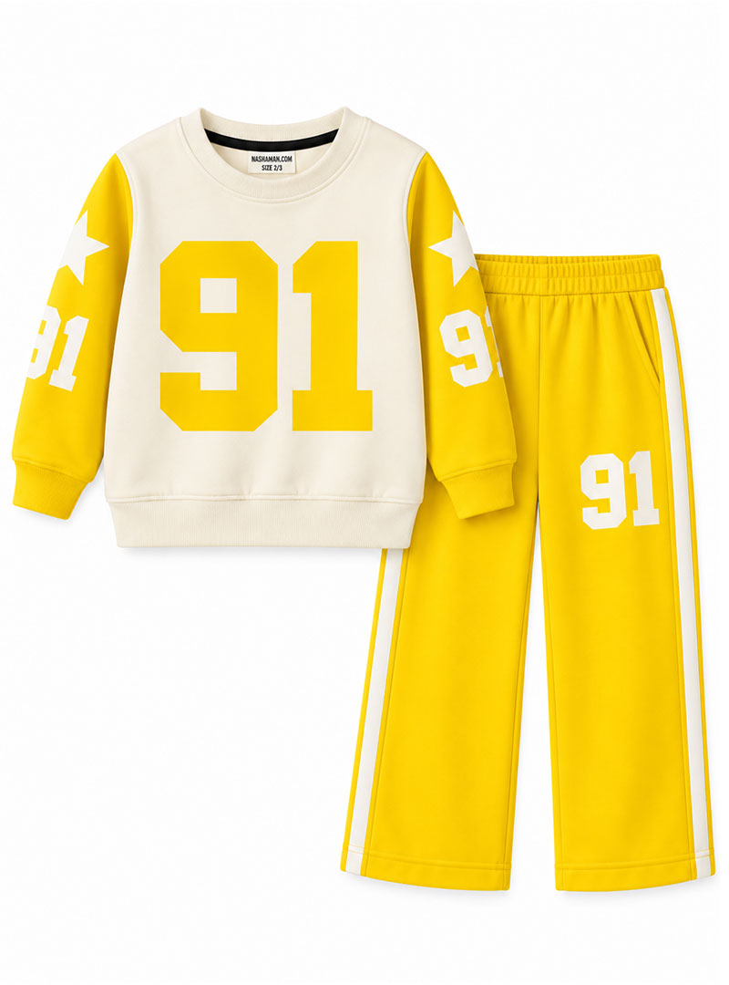 Girls 91 printed winter tracksuit set in cream and yellow