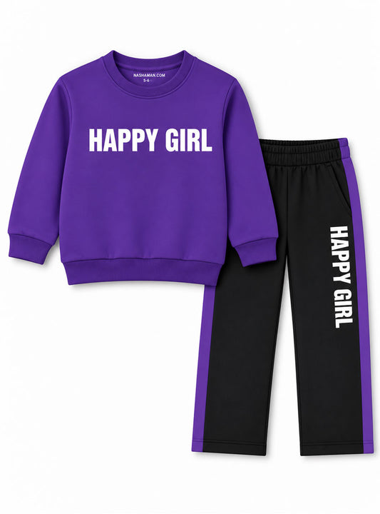 Girls Happy Girl Purple and Black Winter Tracksuit Set