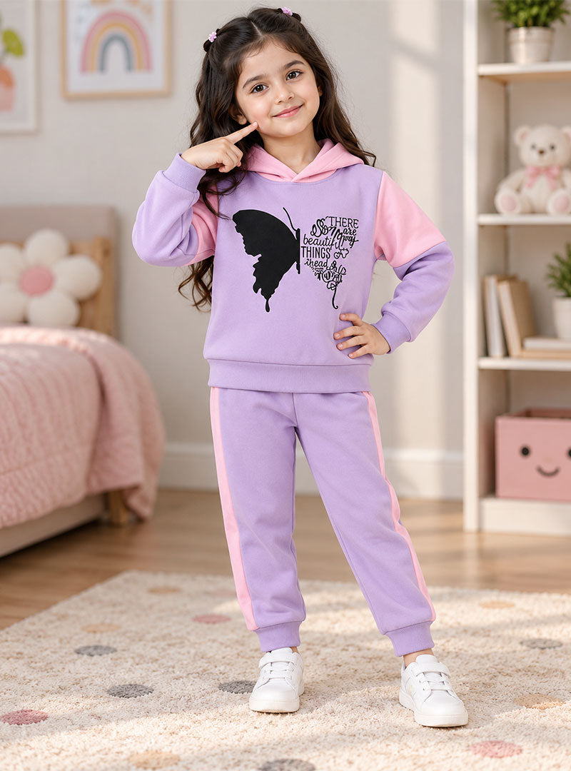 Girl wearing purple and pink butterfly printed winter tracksuit set