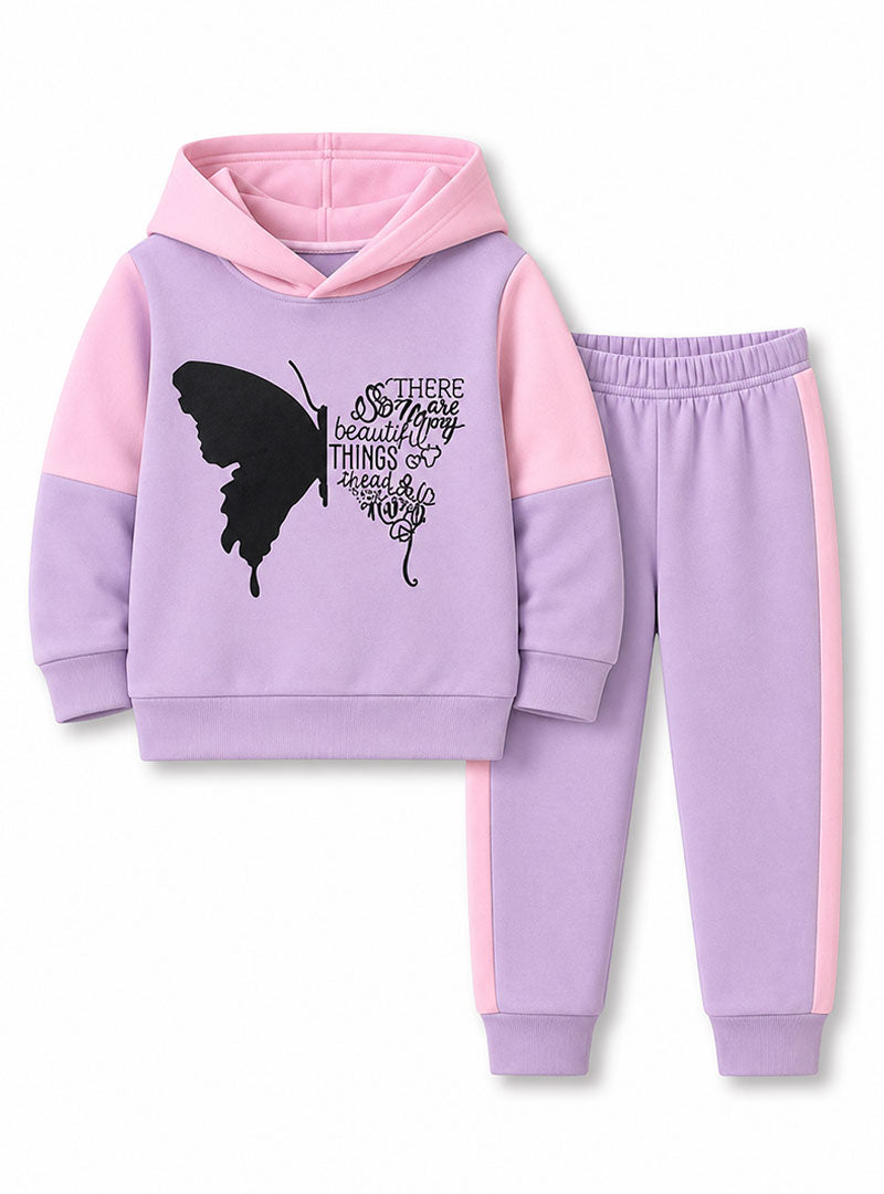 Girls purple and pink butterfly printed winter tracksuit set