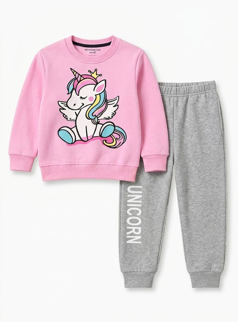 Girls pink unicorn winter tracksuit set with grey joggers